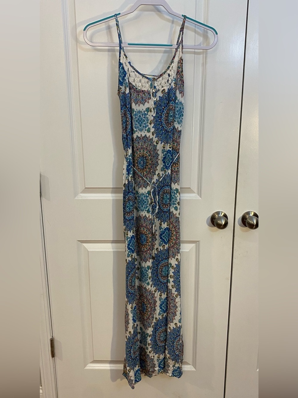 Lovestitch Maxi Sundress Sz M Blue Green Floral Paisley Print USA Crotchet Boho